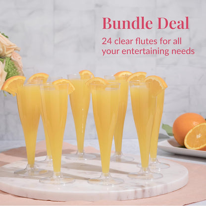 Prestee Set of 24 Clear Plastic Champagne Flutes - 4.5 oz Capacity Shatterproof Disposable Glasses - Suitable for Weddings, Cocktail Parties, and Outdoor Celebrations
