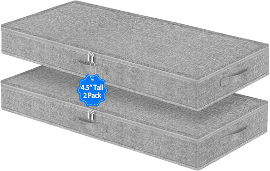 2 Pack Low Profile Under Bed Storage Containers 4.5 Inch Height, Shallow Underbed Couch Storage Organizer With Sturdy Sidewalls/Bottom, Thin Underbed Storage Bins For Clothes Dorm Dresser Sofa- Grey
