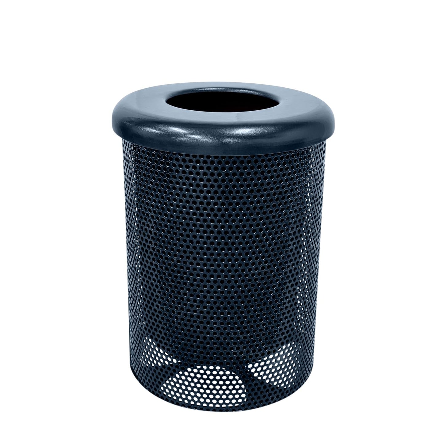 COATEDOUTDOORFURNITURE RFT-P-DBL Heavy Duty Round Trash Receptacle with Flat Top, Liner Included, 32 Gallon, Dark Blue, Made in America