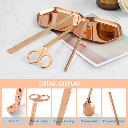 PATOISE 4 in 1 Candle Accessory Set, Wick Trimmer, Candle Snuffer, Wick Scoop,Storage Tray,Perfect for Candle Lovers (Rose Gold)