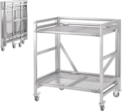 2 Shelf Rolling Cart with Wheels, 660lbs Capacity Collapsible Steel Rolling Utility Cart, Heavy-Duty Foldable Hand Truck, Metal Storage Carts with Handle for Groceries, Warehouse (36" Lx26 W)