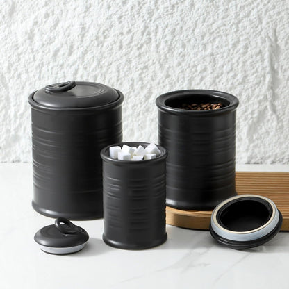 Nihow Food Storage Jar Sets: Ceramic Container with Air Tight Lid for Flour/Sugar/Rice/Coffee/Cookies/Candy - Seal Damp-proof Canister for The Kitchen - Set of 3 （Matte Black）
