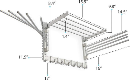 brightmaison BGT Wash Clothes Drying Rack Wall Mount Laundry Room Organizer with Hooks & Swing Arms, 17" Metal Laundry Rack Silver