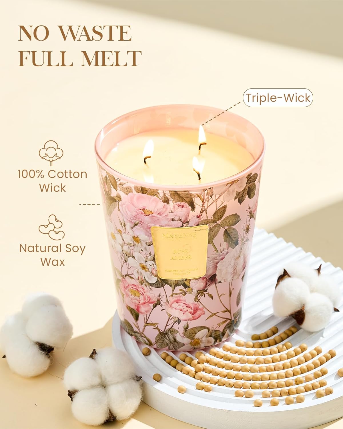 M&SENSE Extra Large Candle Rose Amber Scented, 3-Wick 35oz 150H Long Lasting, Natural Soy Wax Aromatherapy Candle for Stress Relief, Home Fragrance Housewarming Gifts Candle for Home Decor