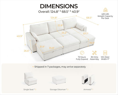 Oversized Modular Sofa Comfy Cloud Couch with Storage, Extra Deep Plush Sectional Sofa Set for Living Room, Covers Washable, Chenille, Olar (White, 6-Seater with 3 Ottomans, Sleeper)