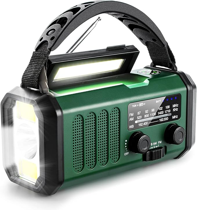 Emergency Hand Crank Radio with 10000mAh/37000mWh Battery Backup, NOAA/AM/FM Weather Radio, Type-C Charge,Solar Charging,SOS, 3 Modes LED Torch, Reading Lamp, Compass for Outdoor Survival