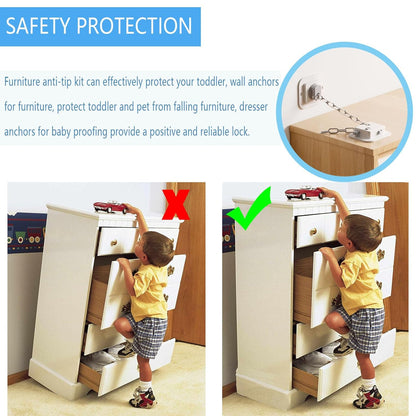 YEYA Anti-Tip No Drill Furniture Anchor with 3M Adhesive 10" Adjustable Straps, Baby Proofing Wall Anchors for Child Safety, Playroom Essentials 4P