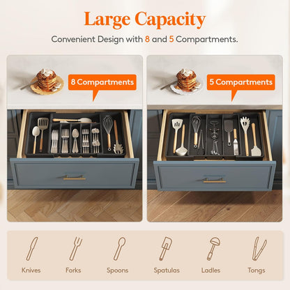 Lifewit Silverware Drawer Organizer and Utensil Organizer Set, Expandable Cooking Cutlery Tray for Kitchen, Adjustable Plastic Flatware Holder Storage Divider for Spoons Forks Knives, Large, Black