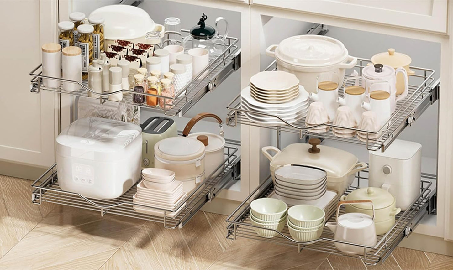 DINDON 2 Tier Pull Out Cabinet Organizer (17" W X 21" D), Double Tier Wire Basket Slide Out Shelf Storage for Kitchen Base Cabinet, Chrome Finish