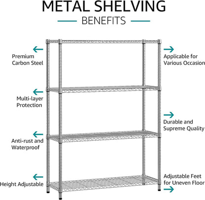IZEUK 4-Tier Adjustable Heavy Duty Metal Wire Shelving Unit, Wide Storage Rack Organizer for Garage, Kitchen, Office, Dorm, Warehouse (Silver, 15.8" D x 45.8" W x 59.4" H, 1400 lbs Capacity)