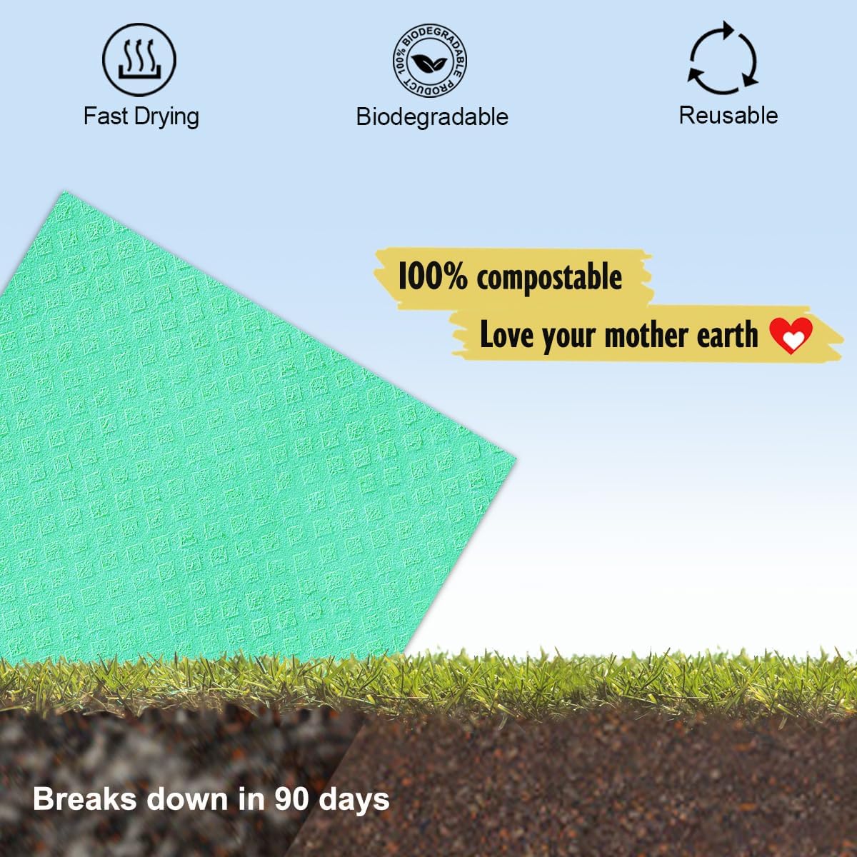 Swedish Dishcloths for Kitchen | 6 Pack Absorbent Cellulose Sponge Cloths Washable | Non-Scratch Reusable Paper Towels Quick Drying Cleaning Cloths - Green