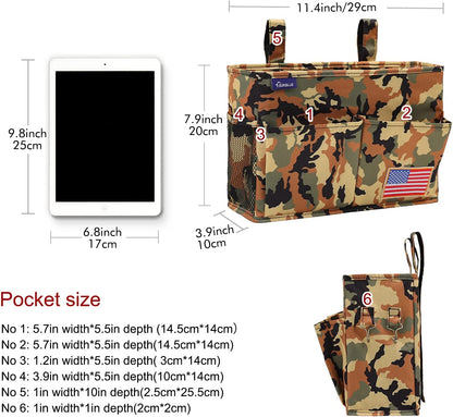 Surblue Bedside Caddy Hanging Organizer Storage Bag Pocket for Bunk, Hospital Beds, College Dorm Rooms, Baby Bed Rails, Wheelchair Side Bag, Camp Chairs, 4 Pockets and 2 Hooks (Small Desert)