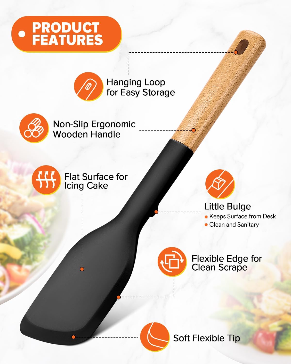 Cooking Spoon and Scraper for Nonstick Cookwares, Great for Cooking and Serving Durable BPA-Free Matte Silicone, Wood Handle Multifunction Spoon for Mixing, Scoop, and Scrape (BLACK)