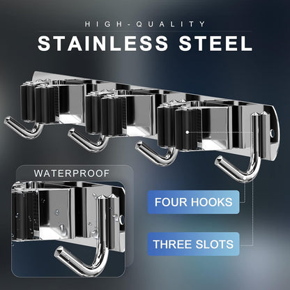 ZONGOOL Mop Broom Holder Wall Mount, Broom Organizer Mop and Broom Storage Tool Racks Stainless Steel Wall Hanger for Home Kitchen Garden Laundry Garage (3 Racks with 4 Hooks, Silver)