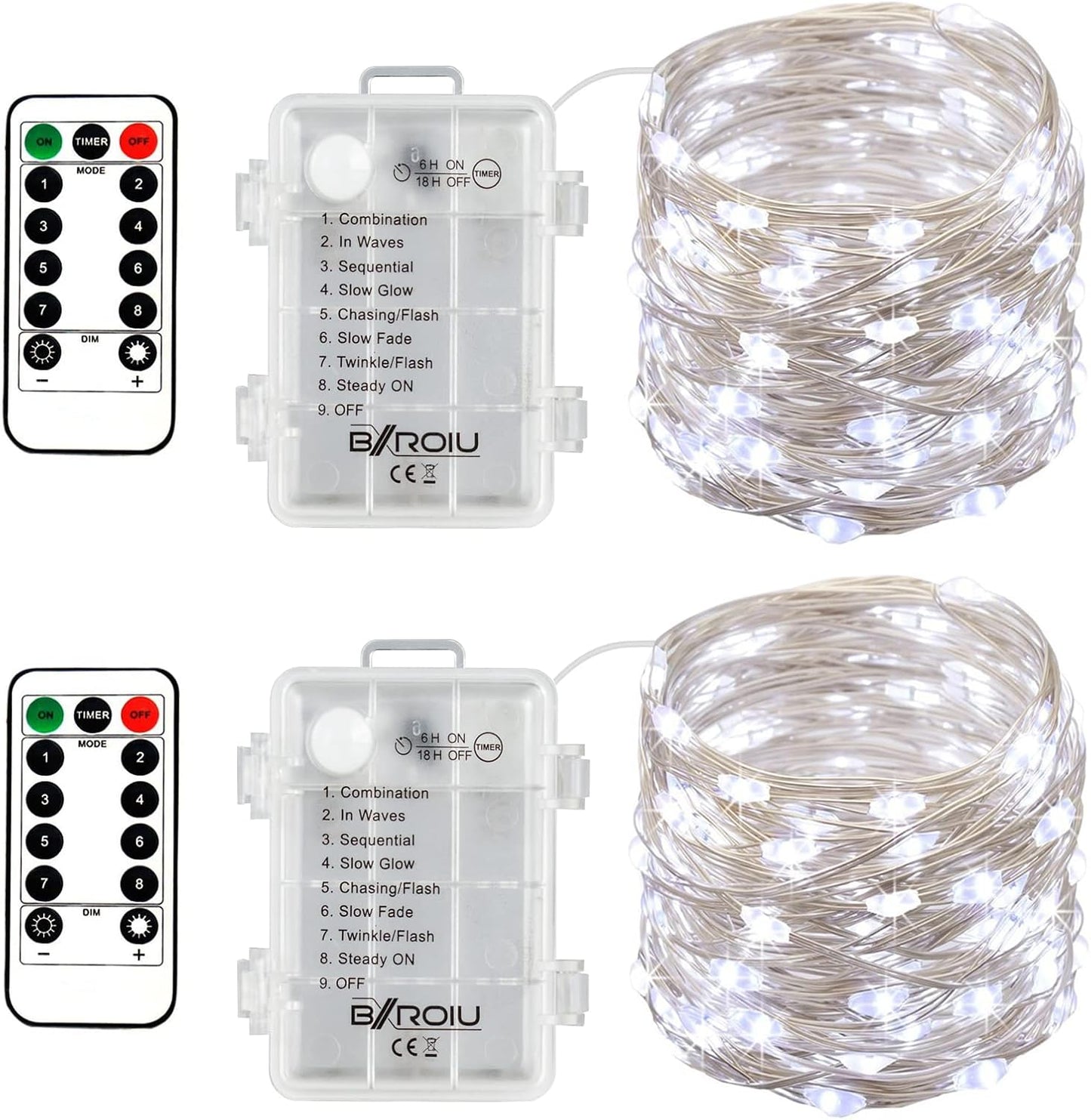 2 x Fairy Lights Battery Operated,Silver Wire Chains 8 Mode 16Ft/5Meter 50 LEDs Timer String Lights with Remote Control for Bedroom Christmas Party Wedding Decoration (Cool White)
