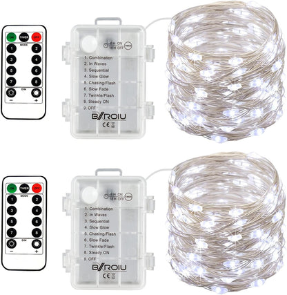 2 x Fairy Lights Battery Operated,Silver Wire Chains 8 Mode 16Ft/5Meter 50 LEDs Timer String Lights with Remote Control for Bedroom Christmas Party Wedding Decoration (Cool White)