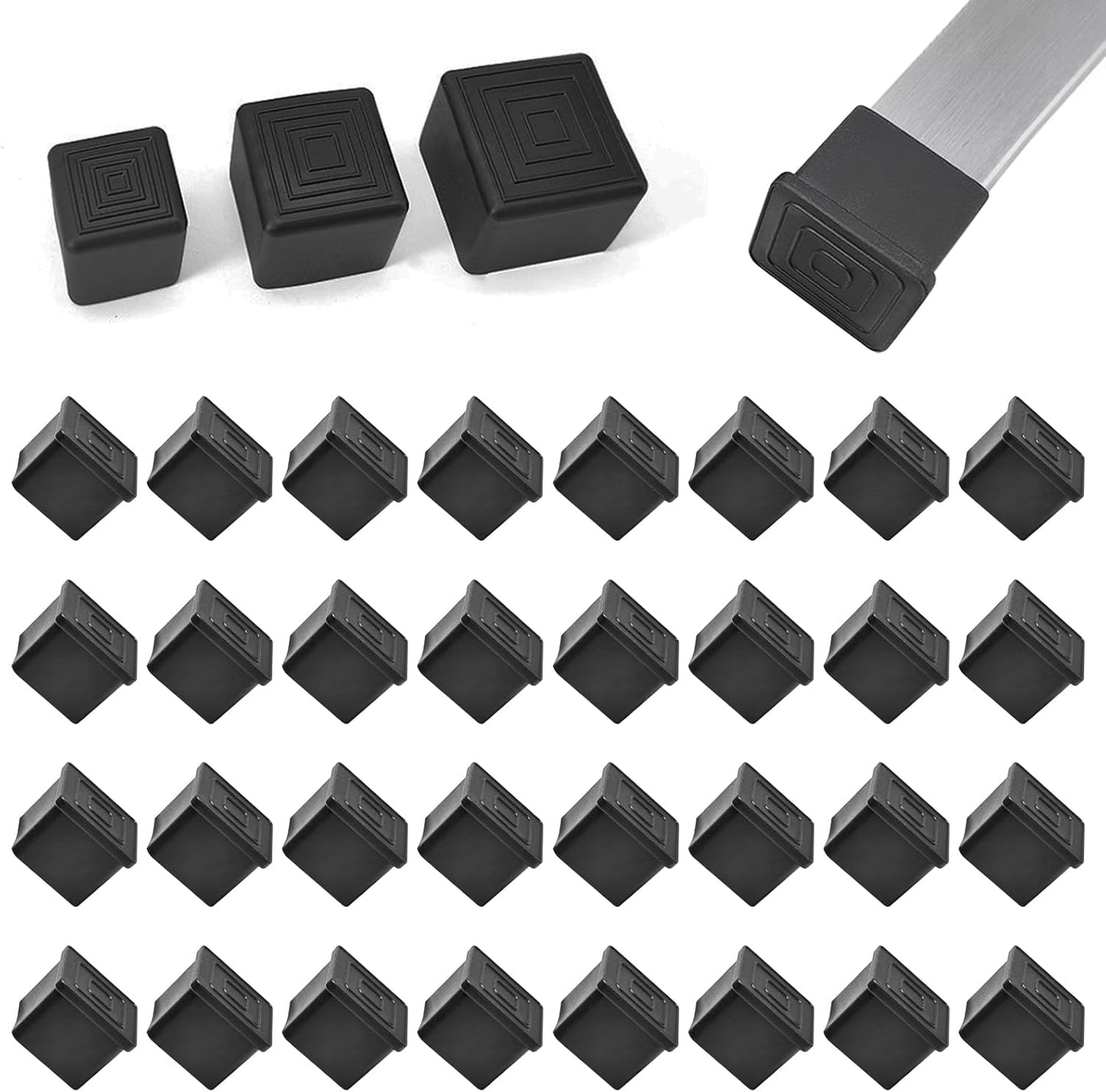32 Pcs 1-1/4" x 1-1/4" Square Rubber Chair Leg Caps, PVC Table Leg Covers, Flexible & Anti-Slip Furniture Leg End Caps, Chair Leg Floor Protectors for Bar Stool Leg Patio Indoor, Black
