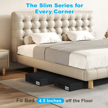 Under Bed Storage Container Bins 2 Pack, 4.5 Inch Slim Low Profile Underbed Clothes Storage Organizer for Dorm & Home, Use for Blanket and Toy Storage Box W/ Sturdy Bottom/Sides, Foldable Thick Fabric