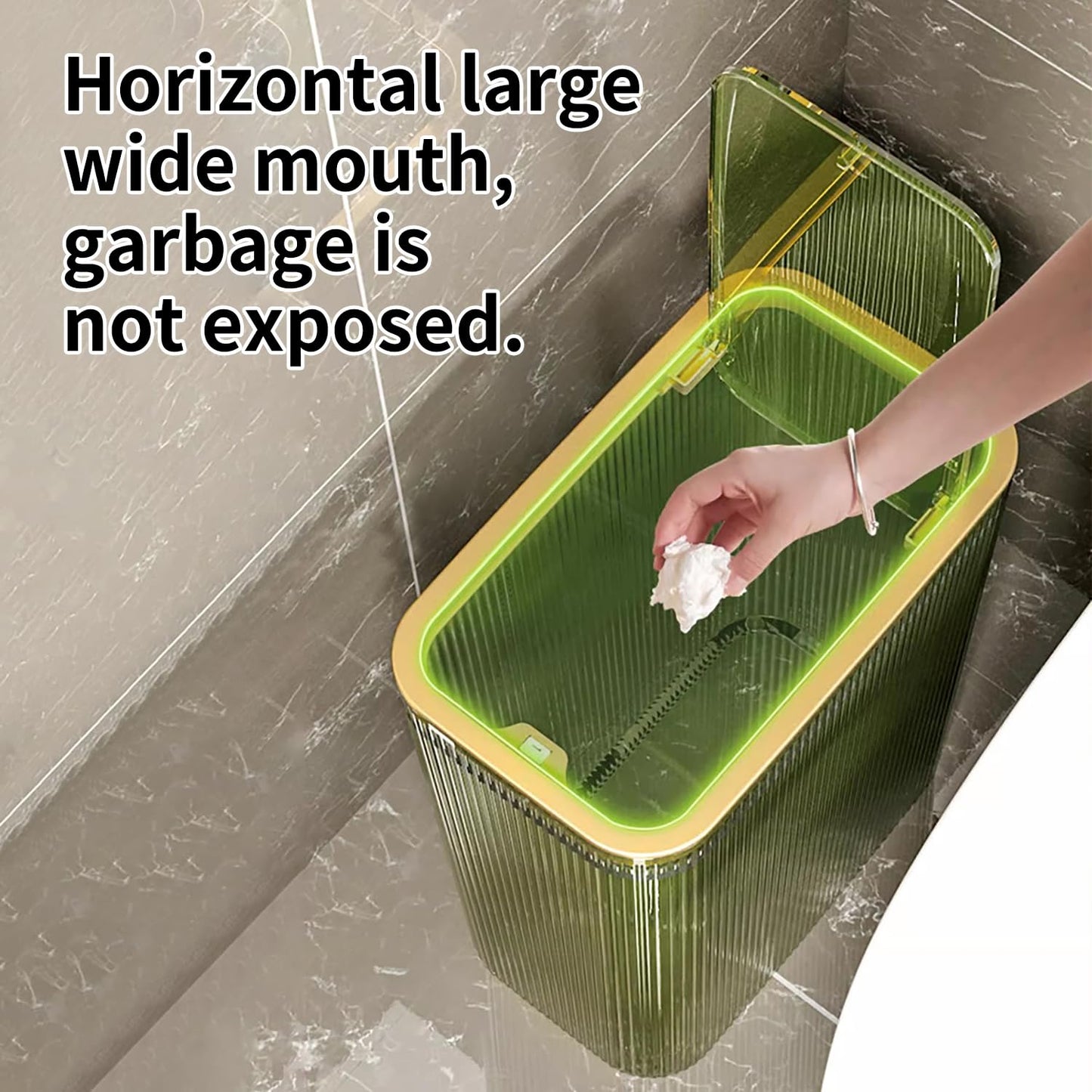 Transparent Trash Can, Bathroom Trash Cans with Lids, 2.6 Gallon Garbage Can for Bedroom, Office, Plastic Slim Waste Basket with Press Top Lid, 10L Clear Trash Bin for Home, Kitchen (Green)