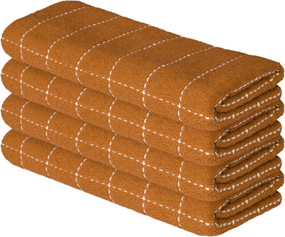 Artoid Mode Checkered Designed Cotton Caramel Orange Terry Kitchen Dish Towels, 15x25 Inch Soft Absorbent Quick Drying Cleaning Tea Towels Set of 4