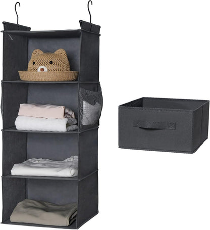 MAX Houser 4-Shelf Hanging Closet Organizer, Space Saver, Cloth Hanging Shelves with 2 Side Pockets, Foldable (Grey)