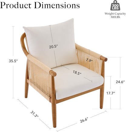 Braid Accent Chair for Living Room Bedroom Reading Room, Rattan Modern Boho Armchair with Solid Wooden Armrest & Frame and Cushions