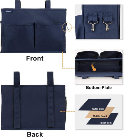 Surblue Bedside Caddy Hanging Organizer Storage Bag Pocket for Bunk, Hospital, College Dorm Rooms, Baby Bed Rails, Camp - 4 Pockets, 2 Hooks (Blue)