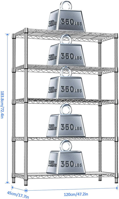 IZEUK 5-Tier Heavy Duty Metal Storage Shelving Unit (Chrome, 17.7" D x 47.2" W x 72.3" H, 1750 lbs Capacity), Adjustable Steel Wire Rack Shelf Organizer for Garage, Kitchen, Pantry, Basement, Laundry