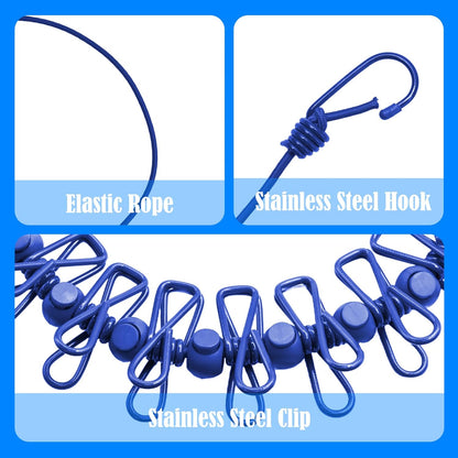 2 Pack Camping Clothesline Portable 12 Clothespins, Blue Camping Accessories Travel Clothesline for Outdoor Indoor, Retractable Clothes Line Elastic Clothesline for Camper Hotel Room