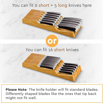 In-Drawer Knife Block - Bamboo Knife Drawer Organizer for Kitchen - Fits 5 Long + 6 Short Knives - Store Knives with Blades Pointing Down - Wooden Steak knife Holder without Knives - Chef Gift Idea