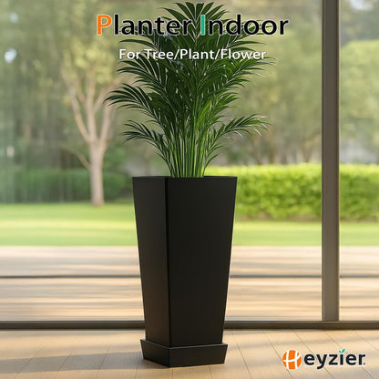 Tall Planters for Outdoor Plants, Large Resin Flower Pots with Saucers for Garden, Front Porch, Patio, Indoor - Set of 2 (Black, 34 inch - 2 Pack)