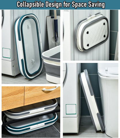 Collapsible Mop Bucket Basin Tub with Handle and Wheels, 12L (3.2 Gallon) Foldable Small Plastic Container for Household Cleaning, Car Washing, Portable Basket Bin Tool for Storage Organizer, Grey