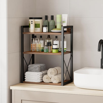 3-Tier Kitchen Spice Rack Organizer for Countertop, Coffee Counter Shelf, Mug Shelf, Bathroom Counter Organizer, Makeup Organizer, Rustic Brown and Black