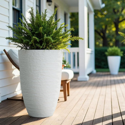 Worth Garden 2-Pack 21" H. White Tall Planters - 14'' Dia Resin Large Round Flower Pots for Outdoor Plants Trees - Imitation Stone Finish Plastic Indoor Front Porch 9 Gallon Decorative Container Patio