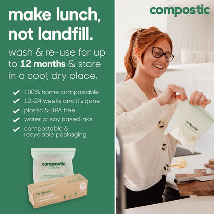 Compostic Home Compostable Resealable Snack Bags (6"x 3.5"), Microwave & Freezer Safe, Organic Food Storage Container, 100 Count