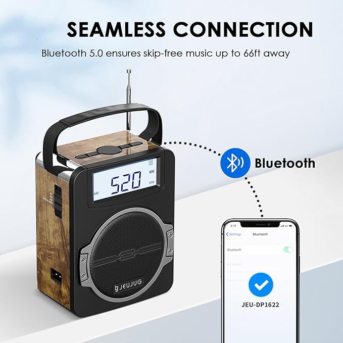 Radio Portable AM FM Digital Radios Clock Radio with Bluetooth 5 Watts Loud Speaker Rechargeable AM FM Radios Plug in Wall Battery Operated Best Reception for Home Outdoor Great Retro