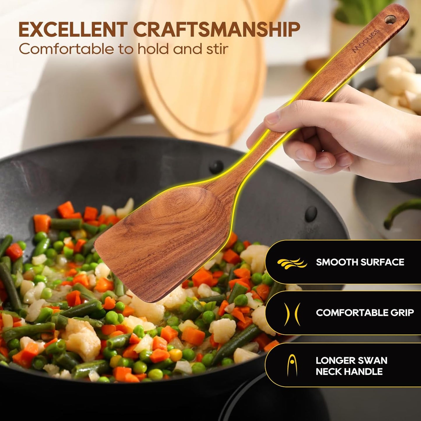 Wooden Spoons for Cooking, 10PCS Teak Wood Cookware Utensil Set with Hooks - Smooth Finish, Non-Stick, Comfortable Grip, Heat Resistant Kitchen Utensils