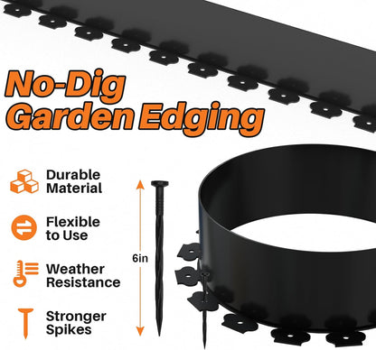 40FT Garden Landscape Edging Kit – 4 Inch Tall Black Plastic Border with 60 Anchoring Spikes, Flexible Lawn Edging for Flower Beds, Pathways, and Garden Borders