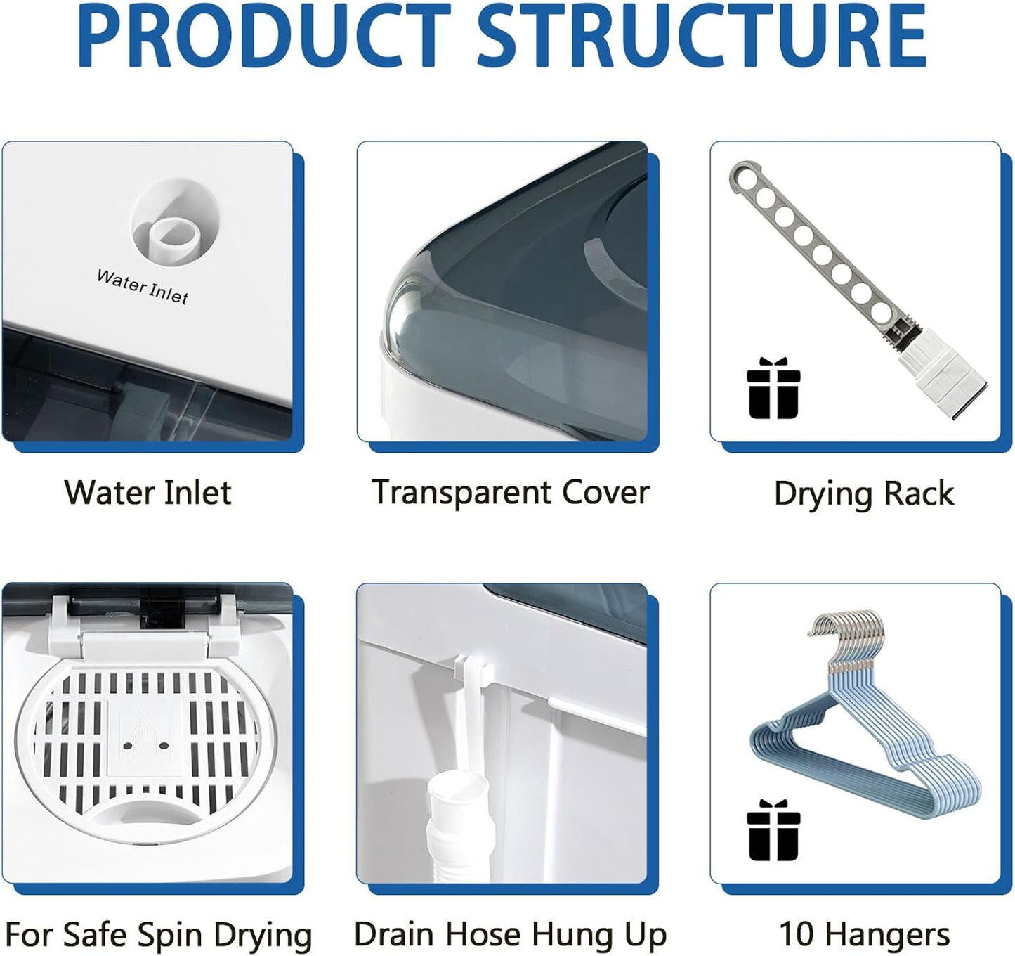 Portable Mini Twin Tub 22lbs Washing Machine With Drying Rack& 10 Hangers, 13lbs Washer & 9lbs Spinner, Small Laundry Washer with Time Control for Camping, Apartments, RV (22lbs)