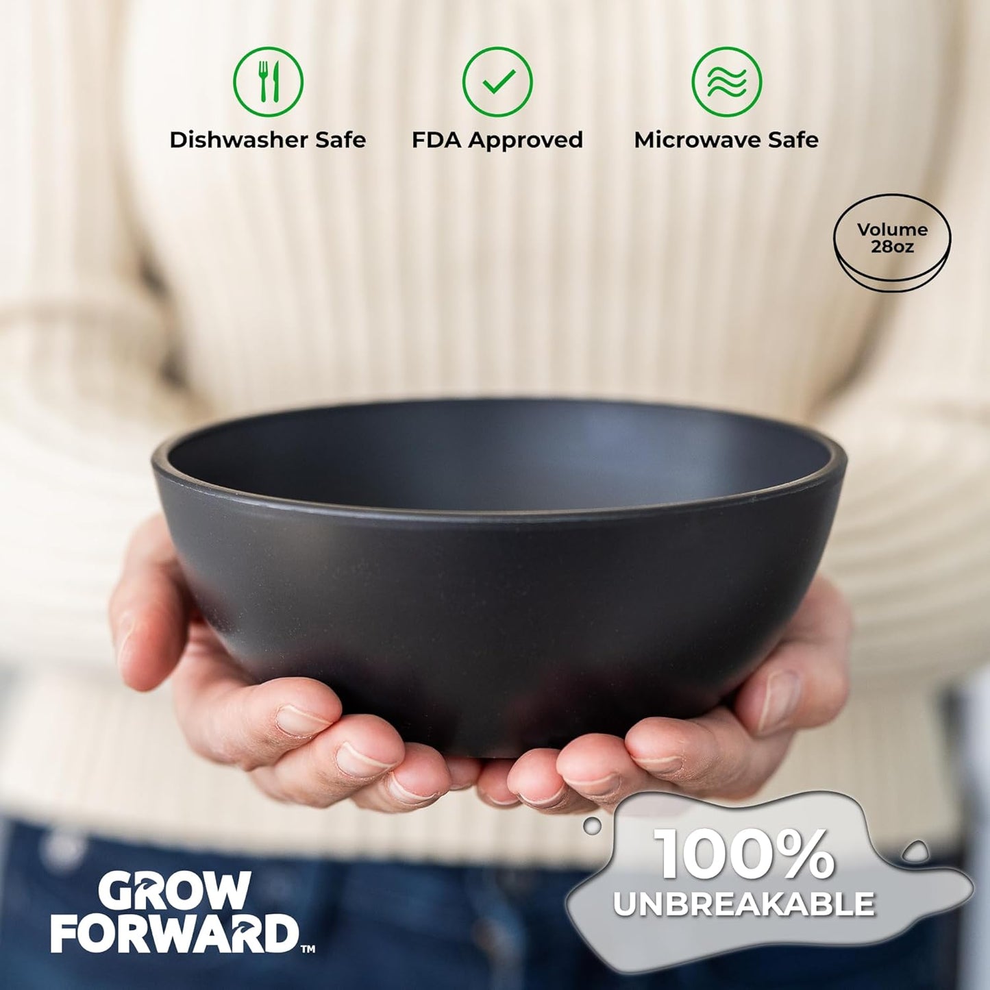 Grow Forward Premium Wheat Straw Bowls - 27oz Microwave Safe Plastic Cereal Bowls Set of 8 for Kitchen, Camping, RV, Dessert, Snack, Soup, Salad, Fruit - Reusable, Unbreakable & BPA Free - Midnight