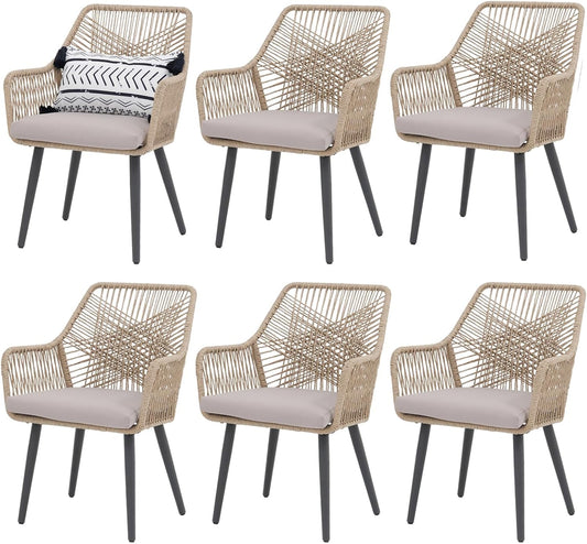 Patiorama Patio Dining Chair Set of 6, Woven Rope Outdoor Dining Chair w/Steel Frame, All-Weather Twisted Rattan Chairs w/Armrest & Cushion, Outdoor Dining Wicker Chairs for Backyard Garden(Beige)