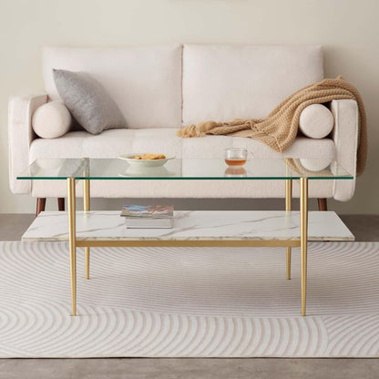 Rectangle Coffee Table for Living Room, Mid-Century Modern Design, L41 x W21 x H17, 2-Tier Structure, Clear Glass Top and White Marble Finish Wood Shelf, Conical Legs with Gold Finish