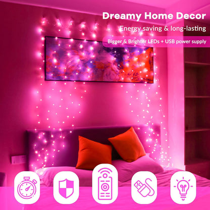 HXWEIYE 300LED Pink Fairy Curtain Hanging Lights with Remote 8 Modes Timer for Bedroom, 9.8x9.8Ft USB Plug in Christmas Fairy String Lights for Outdoor, Weddings, Party, Garden, Wall, Decorations