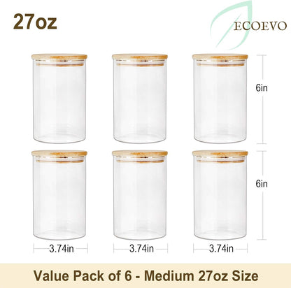 Glass Jars with Bamboo Lids (27oz in 6 Pack), Glass Food Jars and Canisters Sets, Food Storage Container with Airtight Lids, Food Pantry Jars,
