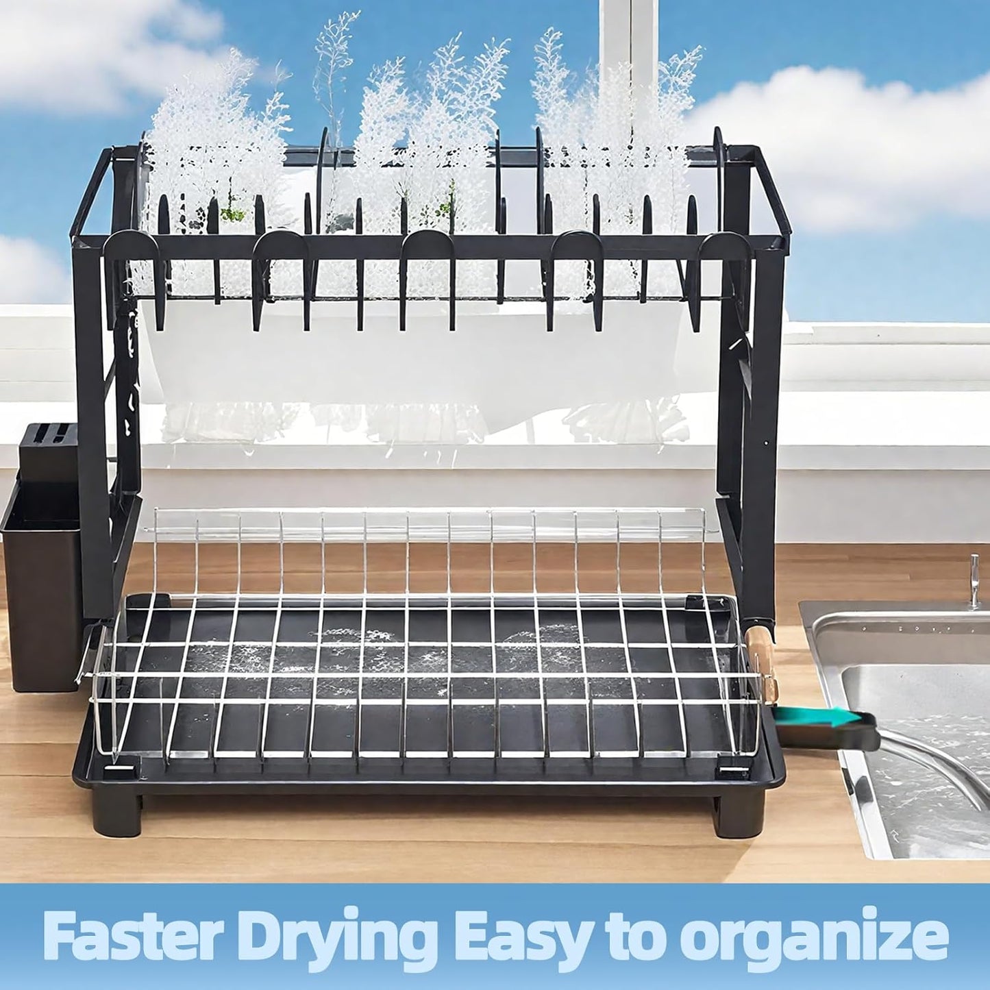 Dish Drying Rack, Stainless Steel Dish Rack, 2-Tier Kitchen Organizers for Dishes, Knives, Cups, Cutting Boards, Detachable Large Capacity Dish Drainer Organizer & Space-Saving Utensil Holder