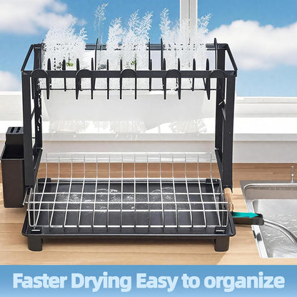 Dish Drying Rack, Stainless Steel Dish Rack, 2-Tier Kitchen Organizers for Dishes, Knives, Cups, Cutting Boards, Detachable Large Capacity Dish Drainer Organizer & Space-Saving Utensil Holder