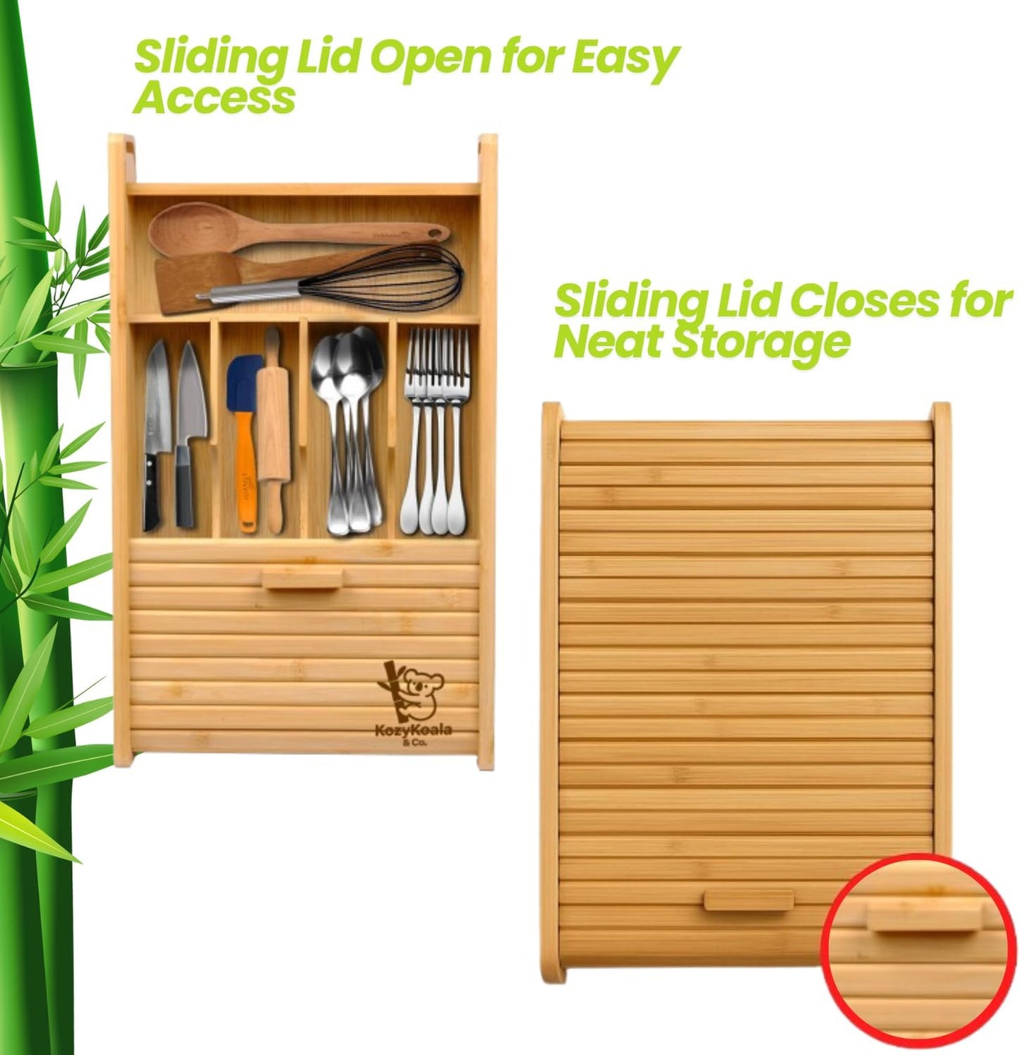 KozyKoala & Co. Bamboo Drawer Organizer with Sliding Lid - 5 Slot Kitchen Drawer Organizer & Utensil Holder - Wood Bamboo Cutlery Tray for Flatware, Gadgets & Multipurpose Storage for Home & Office