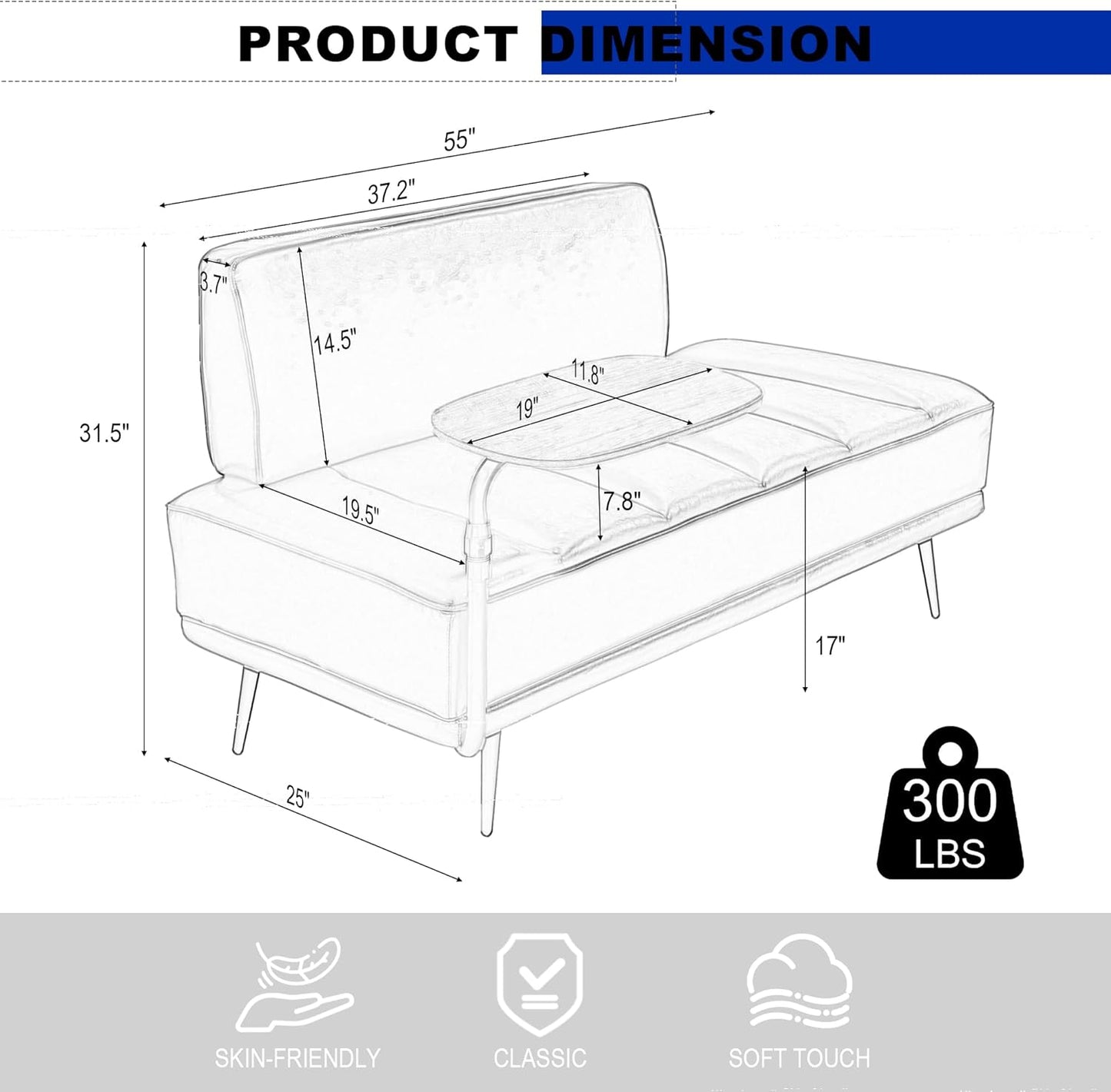Sofa,Bed Bench,Small Spaces Furniture,Polyurethane Leather,Wood Frame,High Density Sponge Infillings,360-Degree Swivel Tray,Black Metal Leg (Blue)