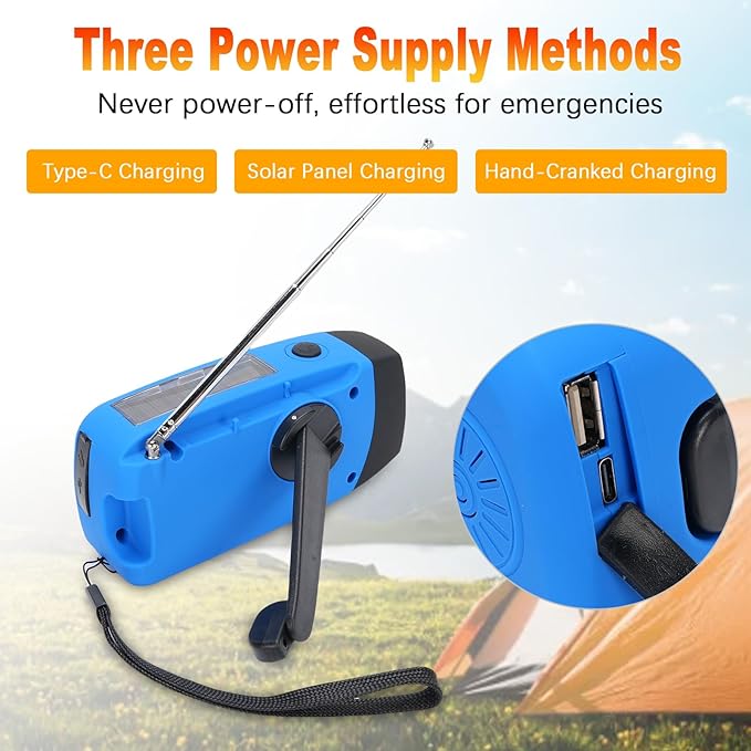 2000mAh Wind Up Radio, Portable Solar Emergency Radio with SOS Alarm, AM FM Weather and Torch, for Power Outage Camping Hiking (Blue)