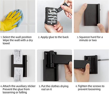 Wall Mount Clothes Drying Rack, 2-Fold Foldable & Sturdy Laundry Drying Rack Wall Mounted, [No Drilling] Space Saver for Laundry, Balcony, Bathroom, Patio, Dormitory, Apartment-Black